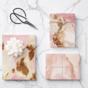 Cowgirl Pink Cream Brown Cowhide Wrapping Paper Sheets