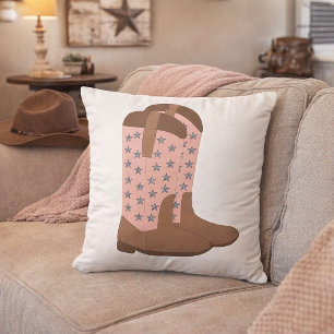 Cowgirl Pink Faux Glitter Star Cowboy Boots Throw Pillow