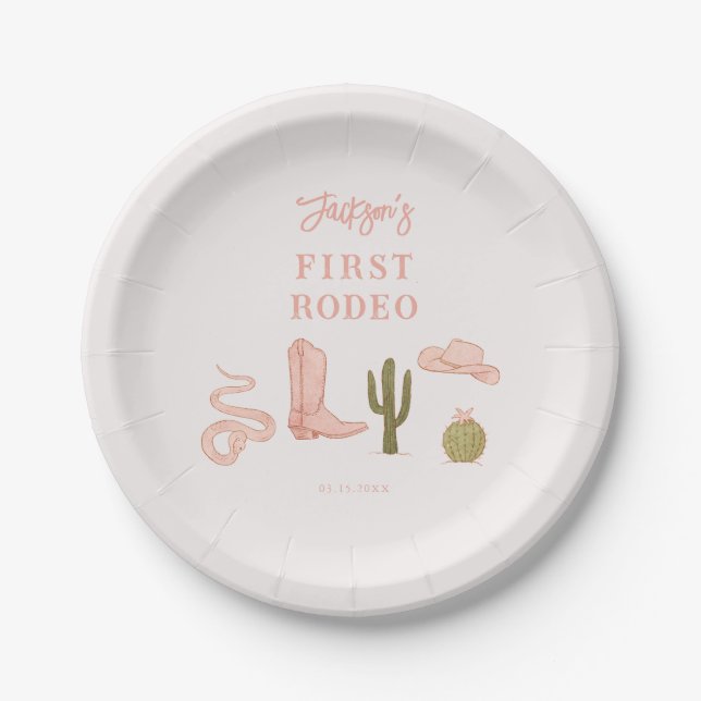 Cowgirl Pink First Rodeo Birthday Paper Plates (Front)
