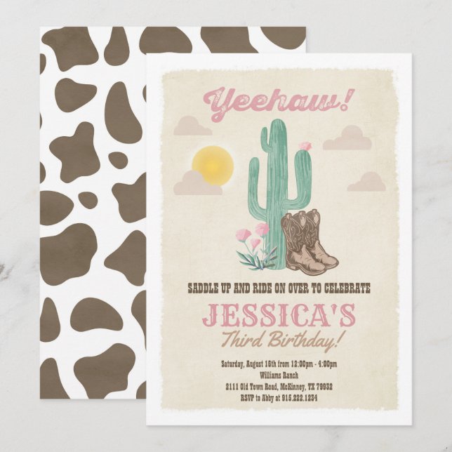 Cowgirl Pink First Rodeo Birthday Party Invitation (Front/Back)