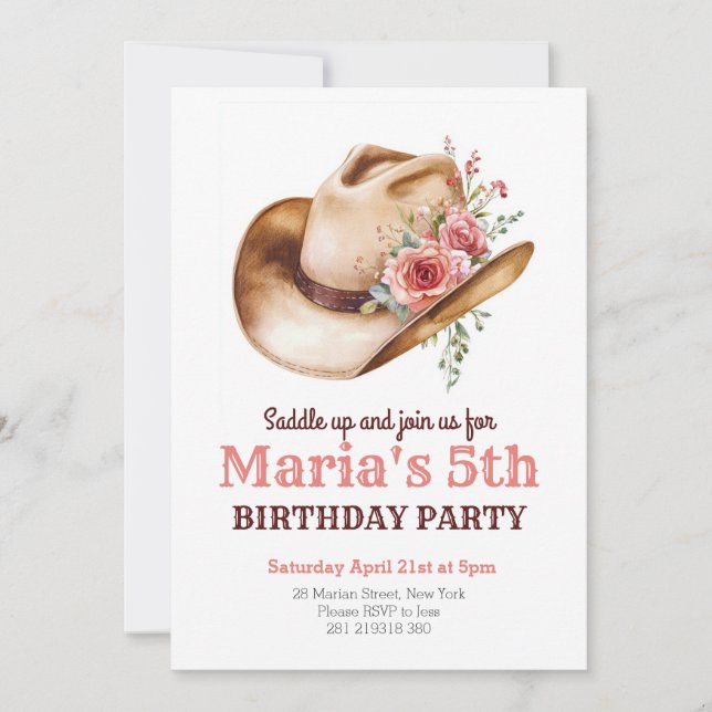 Cowgirl Pink Floral Hat Rodeo Western Birthday  Invitation (Front)