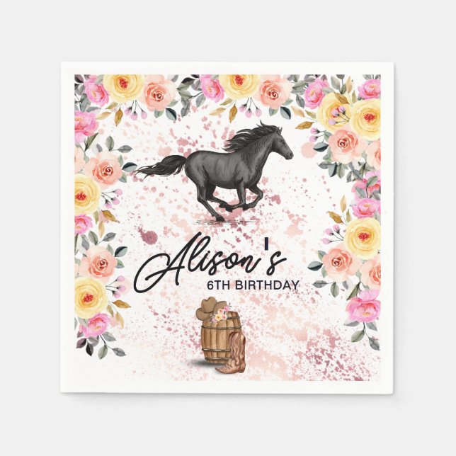 Cowgirl Pink Floral Horse Birthday Girl  Napkins (Front)