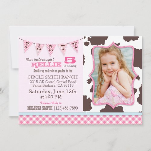 Cowgirl Pink Gingham Check Western Theme Birthday Invitation