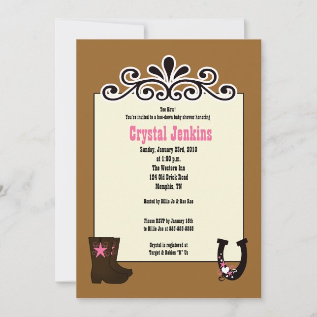 Cowgirl Pink Trendy Cowboy Boot Country Invitation (Front)