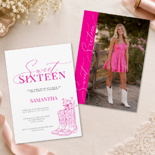Cowgirl Pink Wildflower Photo Sweet 16 Birthday Invitation