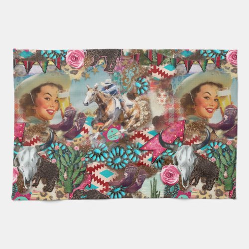 Cowgirl pinup rodeo bull skull western kitchen towel