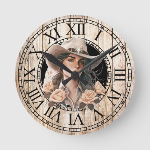 Cowgirl pinup western rose southern chic round clock