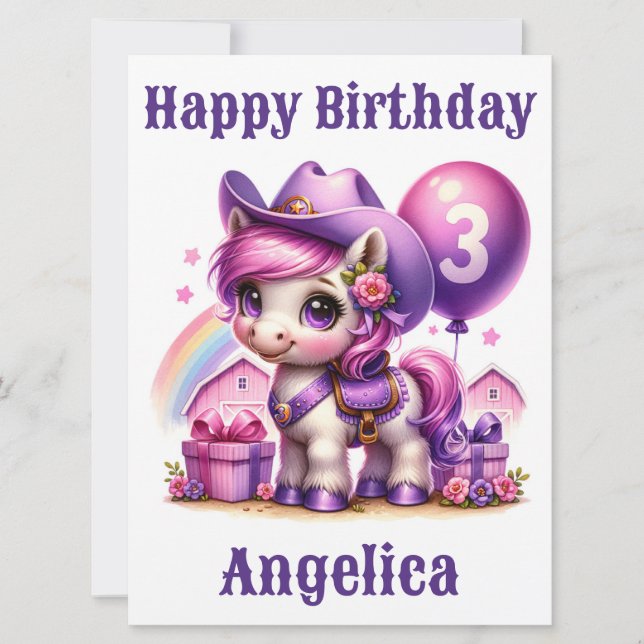 Cowgirl Pony 3-Year-Old Birthday Card (Front)