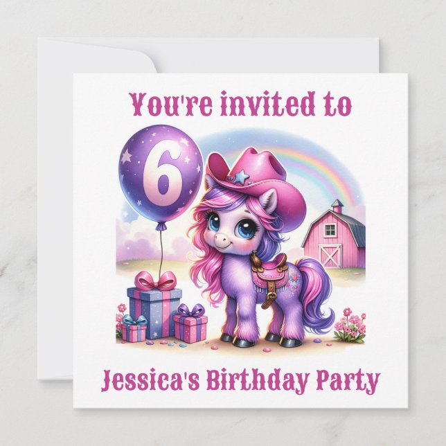 Cowgirl Pony 6-Year-Old Birthday Invitation (Front)