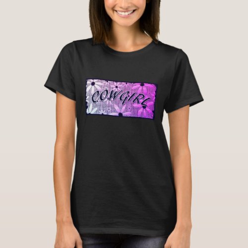 Cowgirl Purple Blue Flowers Curved Text T_Shirt