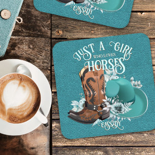 Cowgirl quote turquoise leather cowboy boots hat beverage coaster