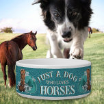 Cowgirl quote turquoise leather cowboy boots hat bowl<br><div class="desc">Cowgirl style design for your barn dog "Just a dog who loves horses" with brown cowboy boots,  turquoise cowboy hat and flowers on faux turquoise leather. Personalized with your dog's name. You can transfer this design to any other product on Zazzle,  look at: "Transfer design to a product"!</div>