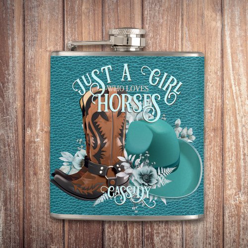 Cowgirl quote turquoise leather cowboy boots hat flask
