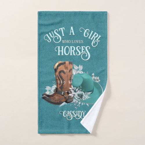 Cowgirl quote turquoise leather cowboy boots hat hand towel 