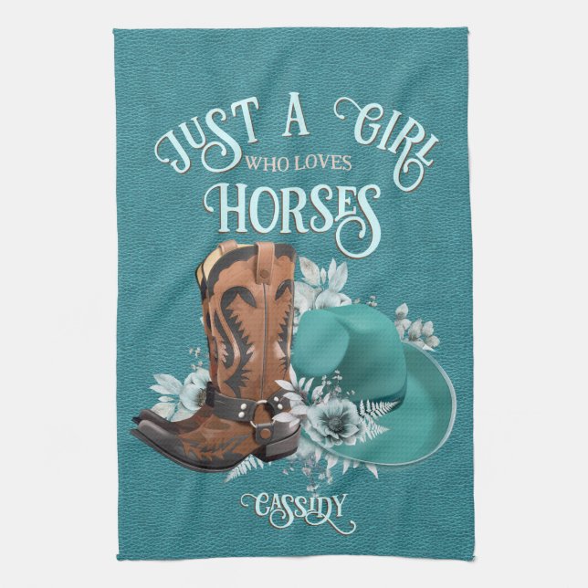 Cowgirl quote turquoise leather cowboy boots hat kitchen towel (Vertical)