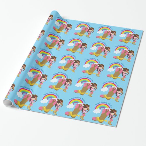 Cowgirl Rainbow Cute Blue Custom Happy Birthday Wrapping Paper