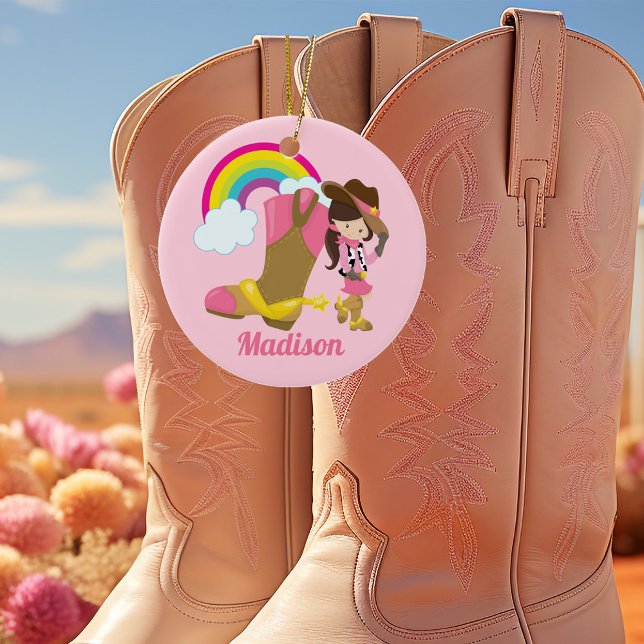Cowgirl Rainbow Pretty Pink Monogram Kids Custom Ceramic Ornament (Creator Uploaded)