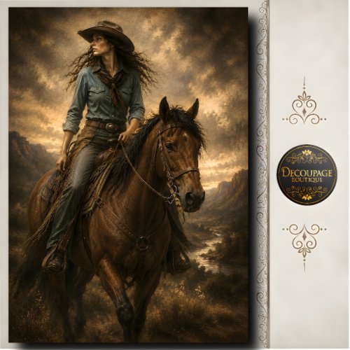 Cowgirl Riding Brown Horse Western Landscape Art Tissue Paper