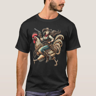 Cowgirl Riding Chicken Rooster Lover Vintage T-Shirt