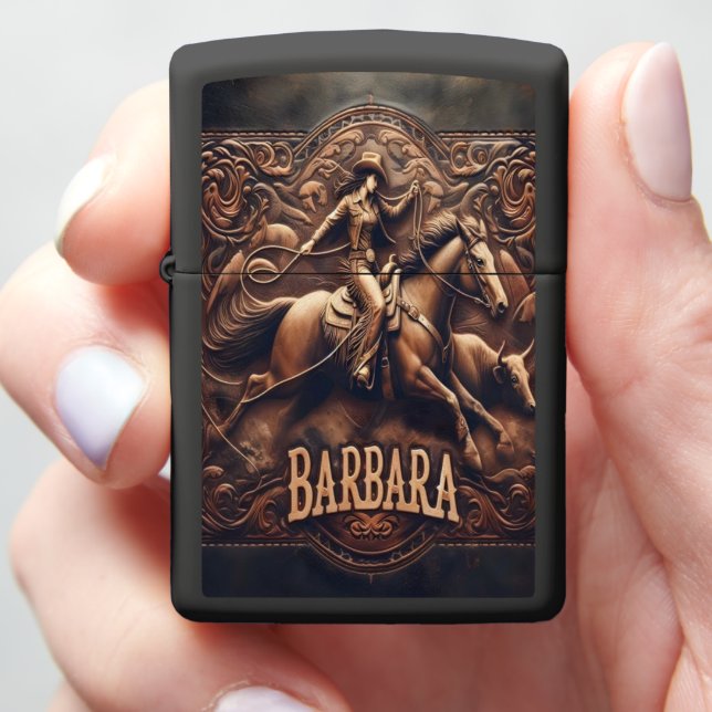 Cowgirl Riding Horse Artwork Zippo Lighter (In Hand)