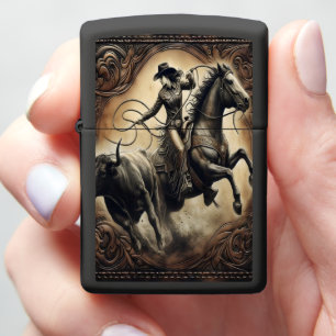 Cowgirl Riding Horse Past Bull Zippo Lighter