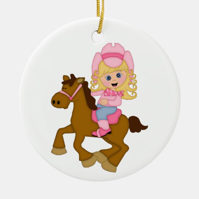 Cowgirl Riding Horse (pink) Ceramic Ornament (Front)