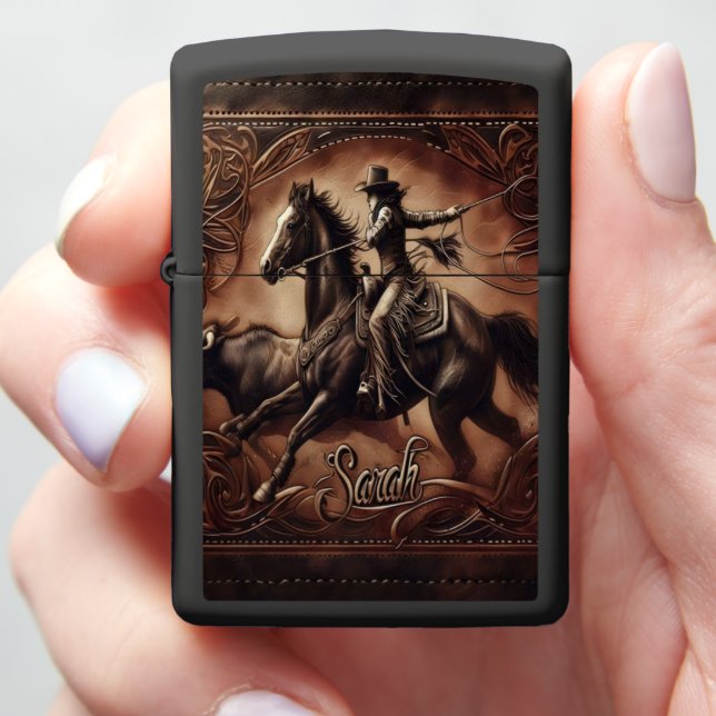 Cowgirl Riding Horse Sarah Zippo Lighter (In Hand)
