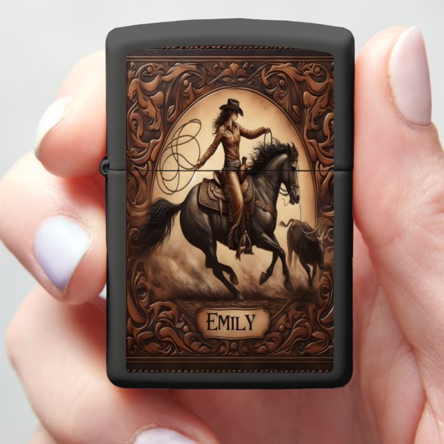 Cowgirl Riding Horse With Rope Emily Zippo Lighter (In Hand)