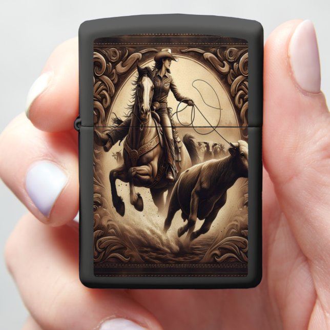 Cowgirl Riding Horse Zippo Lighter (In Hand)