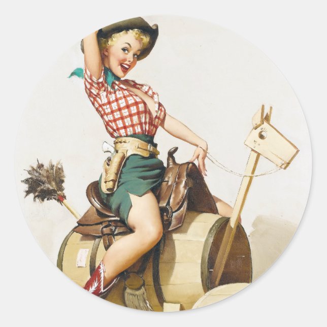 Cowgirl Riding Pin Up Classic Round Sticker (Front)