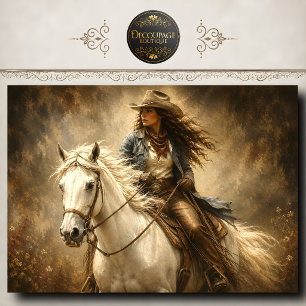 Cowgirl Riding White Horse Rustic Western Art Tissue Paper