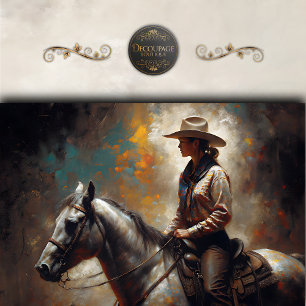 Cowgirl Riding White Horse Sunset Decoupage Tissue Paper