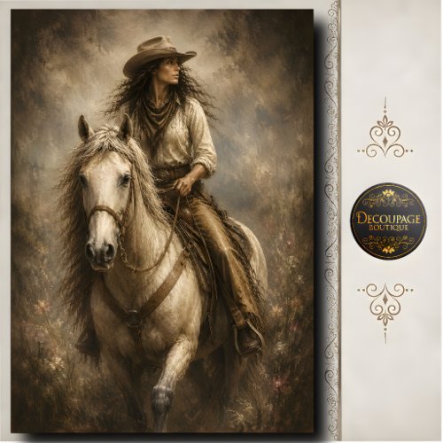 Cowgirl Riding White Horse Western Portrait Art Tissue Paper