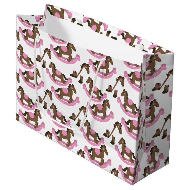 Cowgirl Rocking Horse Pink Baby Large Gift Bag (Front Angled)