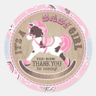 Cowgirl Rocking Horse Western Baby Shower Classic Round Sticker