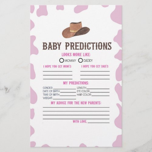Cowgirl Rodeo Baby Shower Predictions Activity Stationery