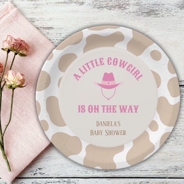 Cowgirl Rodeo Cow Print Girl Baby Shower Paper Plates (little cowgirl baby shower pink cow print paper plates)