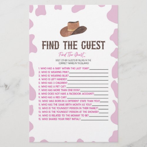 Cowgirl Rodeo Find The Guest Baby Shower Game Stationery