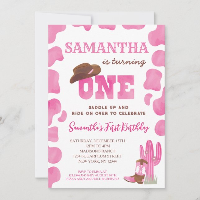 Cowgirl Rodeo Hot Pink First Birthday Invitations (Front)
