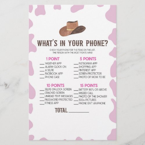 Cowgirl Rodeo In Your Phone Baby Shower Game Stationery