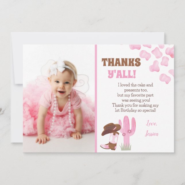 Cowgirl Rodeo Western 1st Birthday Thank You Cards (Front)
