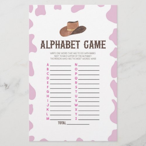 Cowgirl Rodeo Western Alphabet Baby Shower Game Stationery
