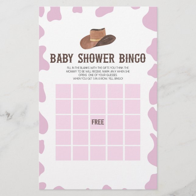 Cowgirl Rodeo Western Bingo Baby Shower Game Stationery (Front)