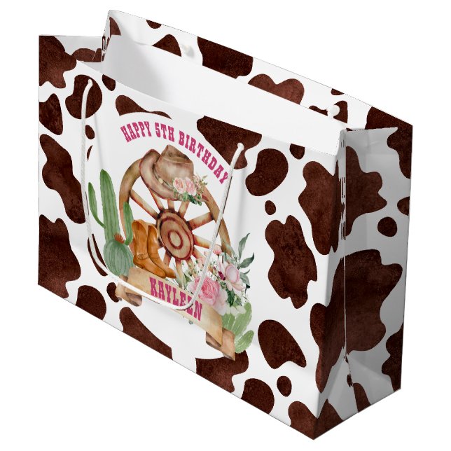 Cowgirl rodeo western birthday personalized large gift bag (Front Angled)