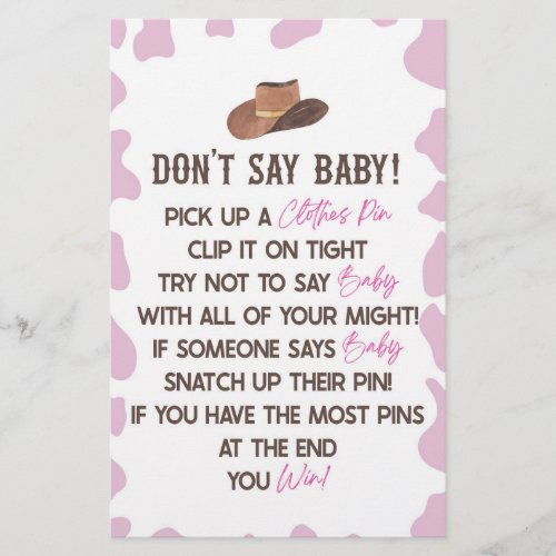 Cowgirl Rodeo Western Dont Say Baby Shower Game Stationery
