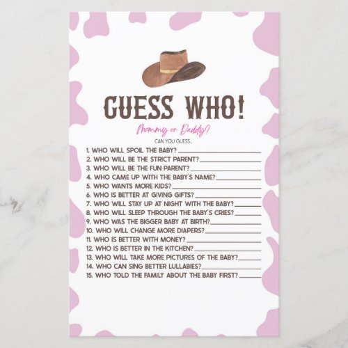 Cowgirl Rodeo Western Guess Who Baby Shower Game