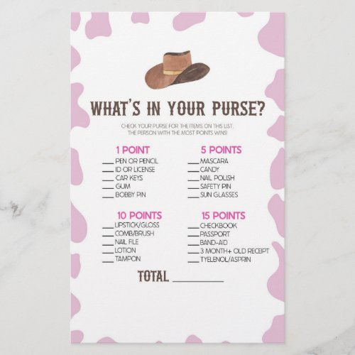 Cowgirl Rodeo Whats In Purse Baby Shower Game Stationery