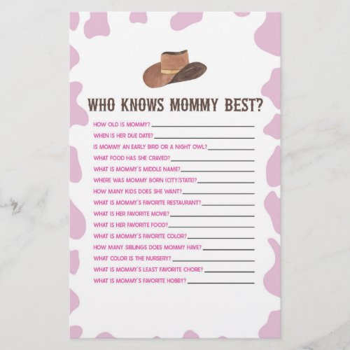 Cowgirl Rodeo Who Knows Mommy Baby Shower Game Stationery