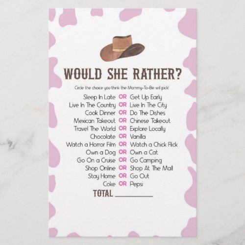 Cowgirl Rodeo Would She Rather Baby Shower Game Stationery
