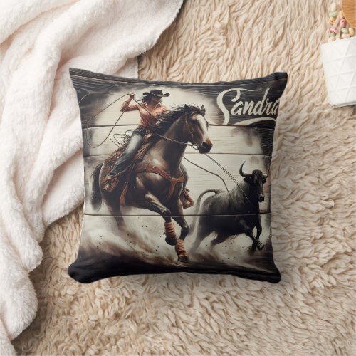 Cowgirl Roping a Bull at a Rodeo Event Throw Pillow